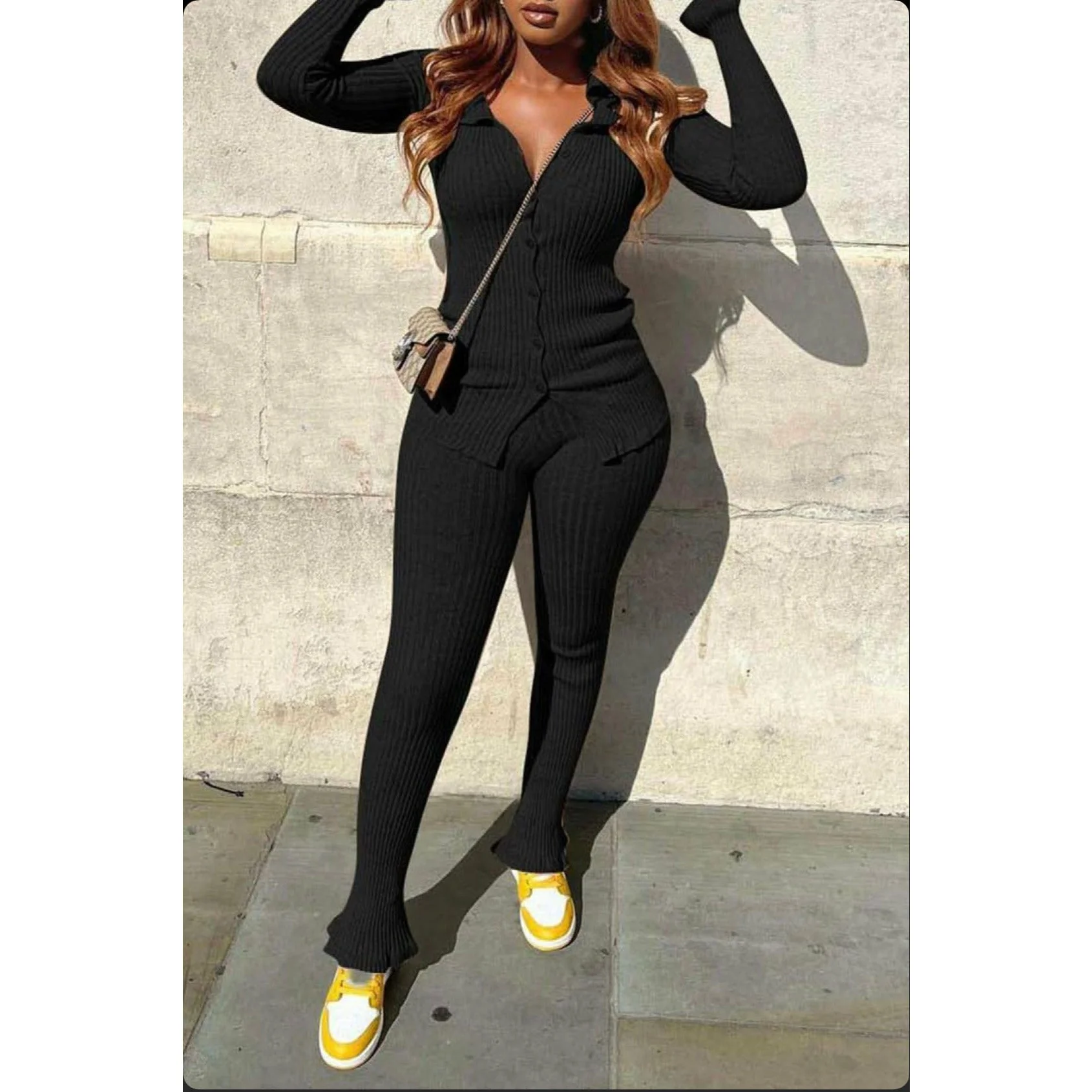 Turndown Collar Long Sleeve Two Pieces Set - Image 2