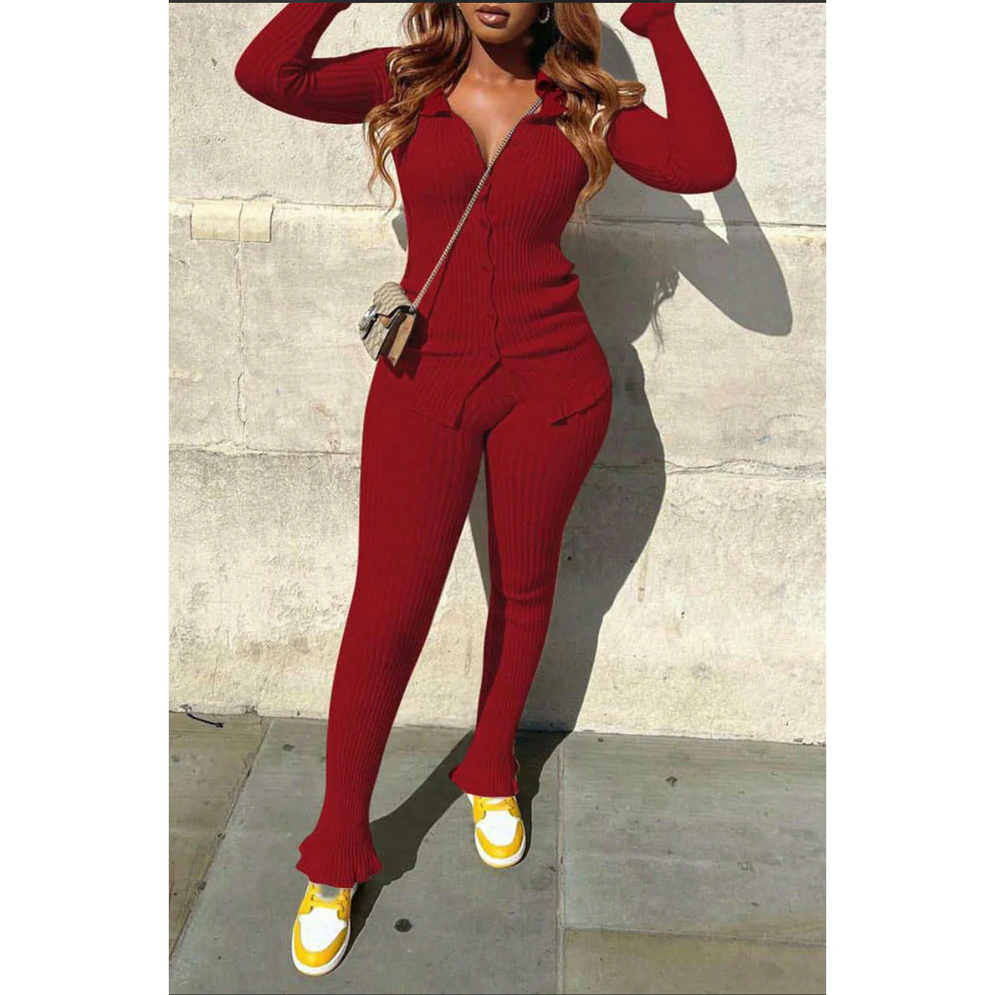 Turndown Collar Long Sleeve Two Pieces Set - Image 6