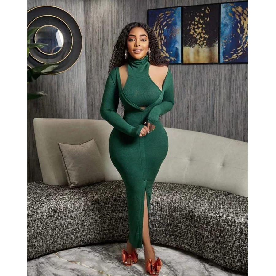 Turtle Neck Top & Deep V-Neck Dress Set - Image 2