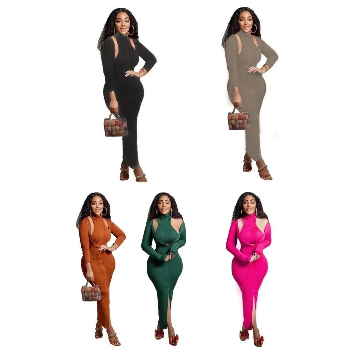 Turtle Neck Top & Deep V-Neck Dress Set - Image 3