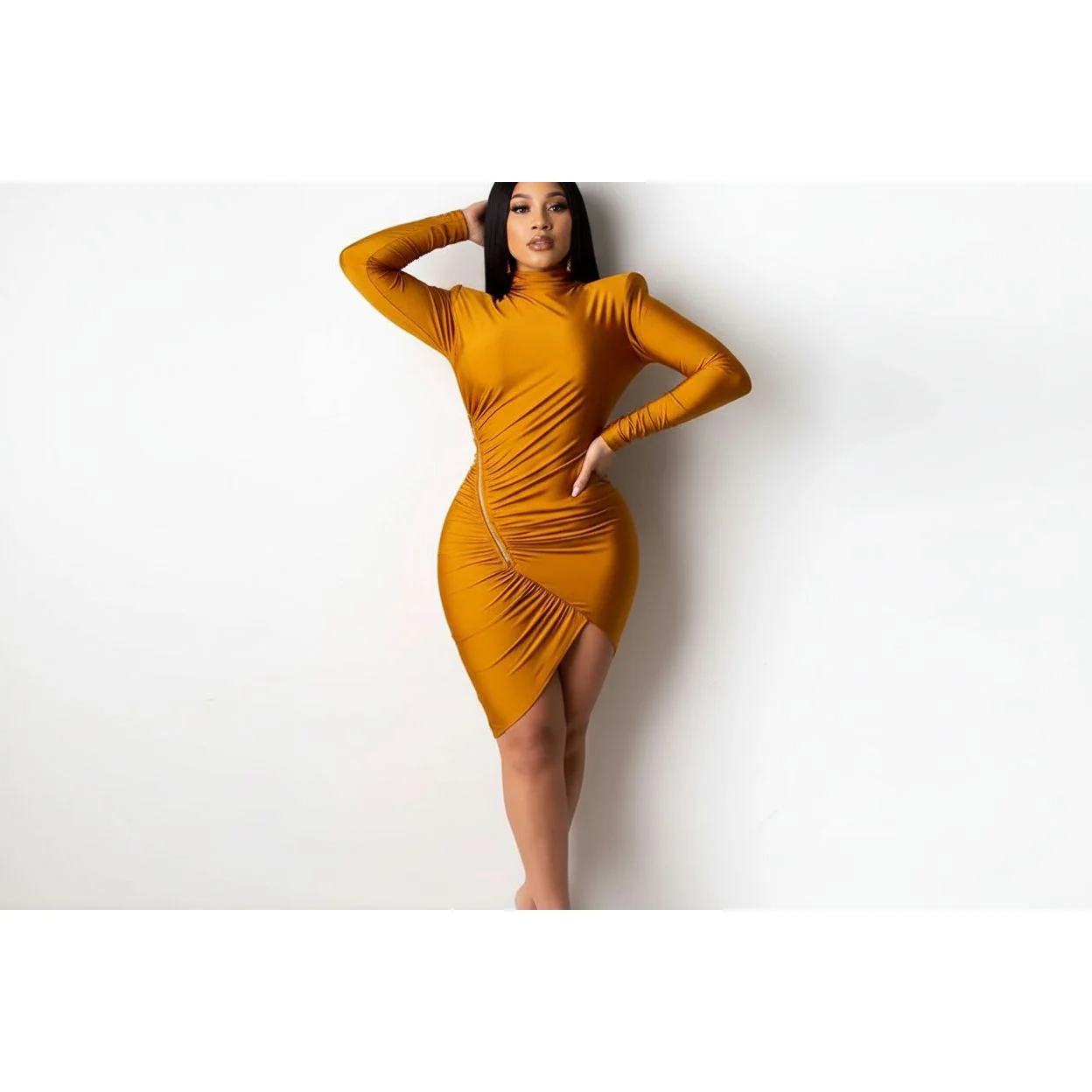 Turtleneck One Shoulder Zipper Dress - Image 2