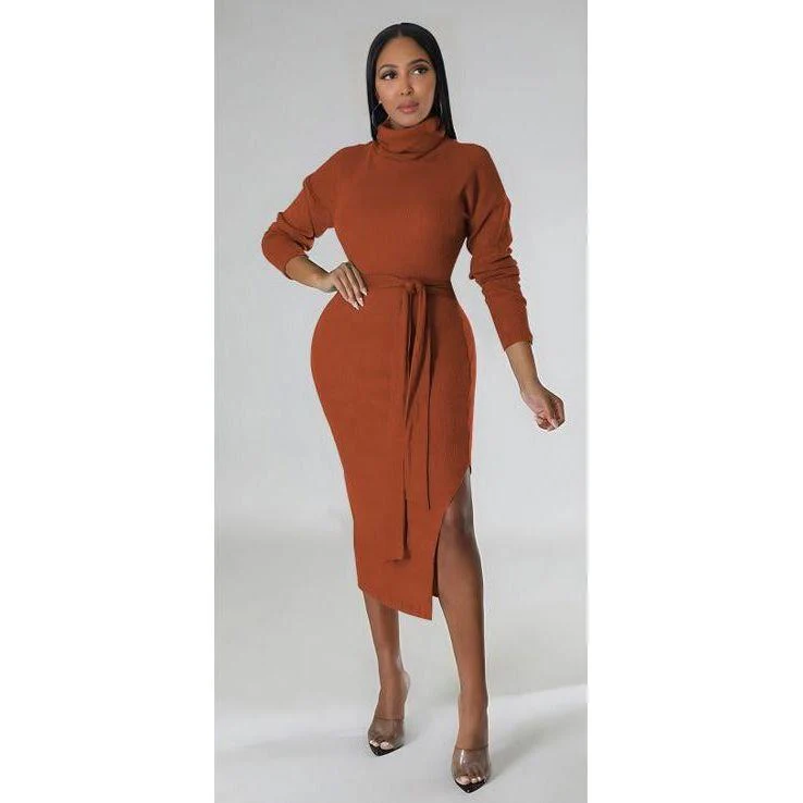 Turtleneck Slit Bodycon Dress - Image 2