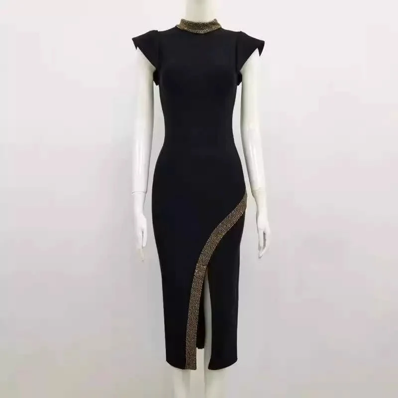Turtleneck Split Midi Black Bodycon Dress - Image 6