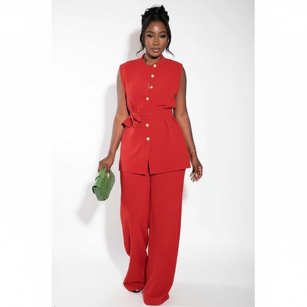 Two Piece Button Sleeveless Lace Up Top Wide Leg Summer Pants Set. - Image 2