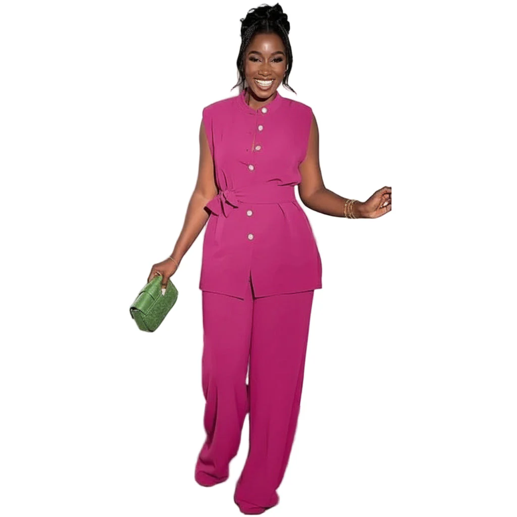Two Piece Button Sleeveless Lace Up Top Wide Leg Summer Pants Set. - Image 3