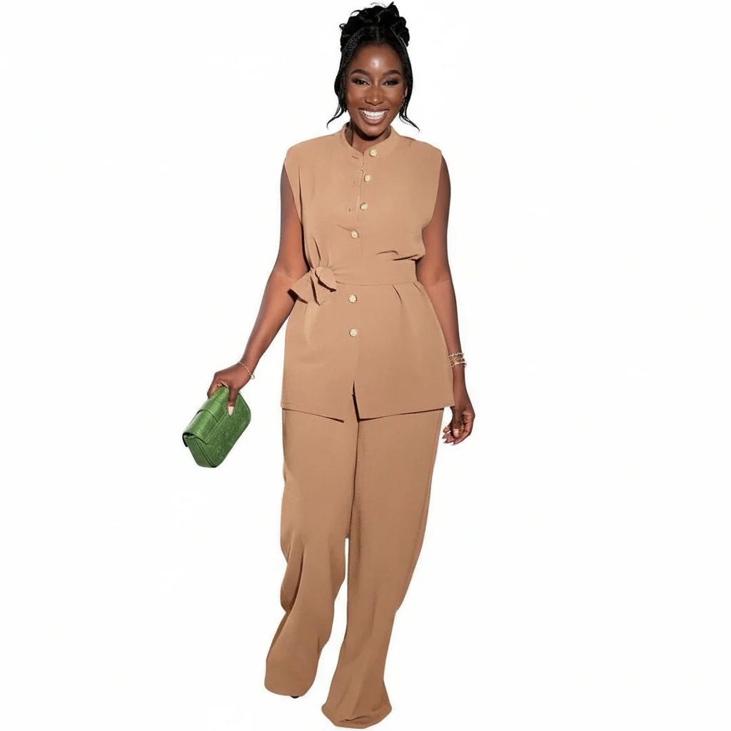 Two Piece Button Sleeveless Lace Up Top Wide Leg Summer Pants Set. - Image 4