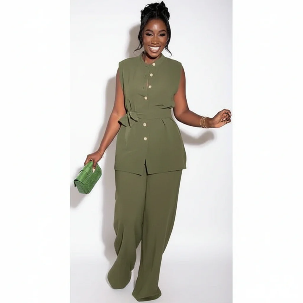 Two Piece Button Sleeveless Lace Up Top Wide Leg Summer Pants Set. - Image 5