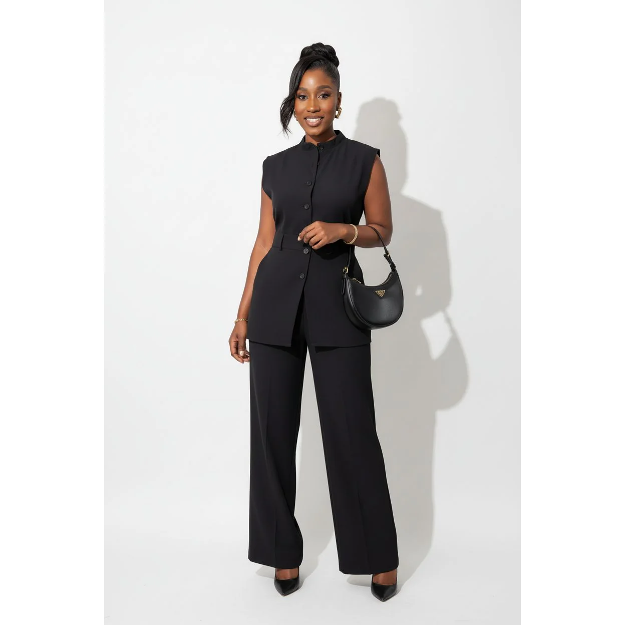 Two Piece Button Sleeveless Lace Up Top Wide Leg Summer Pants Set.