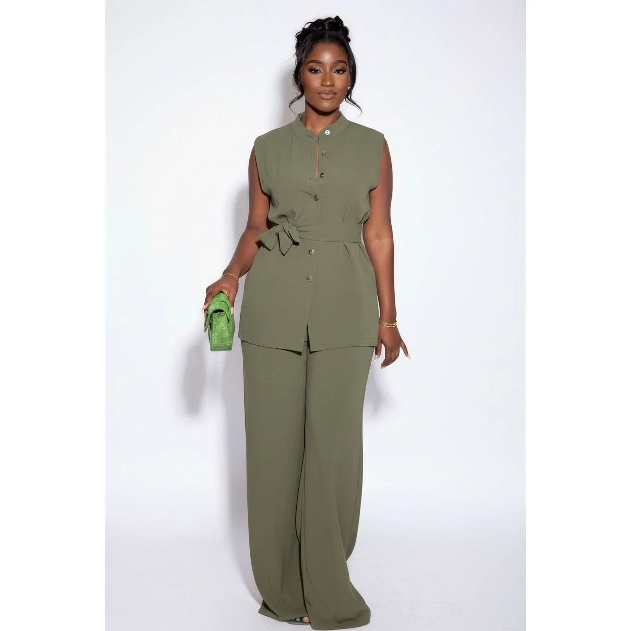 Two Piece Button Sleeveless Lace Up Top Wide Leg Summer Pants Set. - Image 2