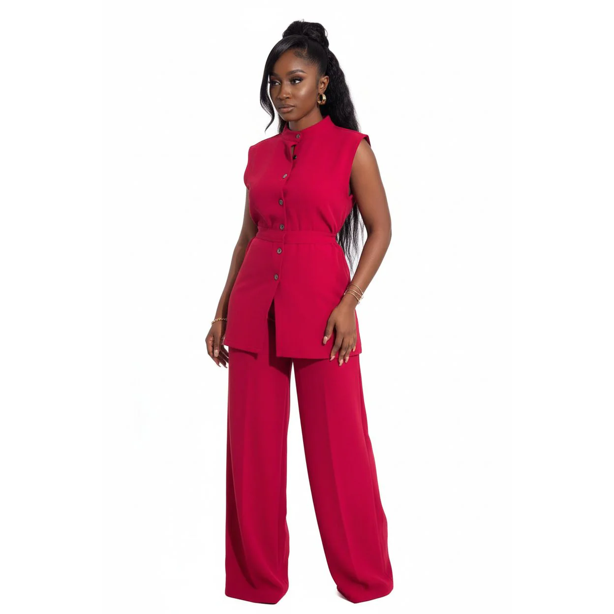 Two Piece Button Sleeveless Lace Up Top Wide Leg Summer Pants Set. - Image 3