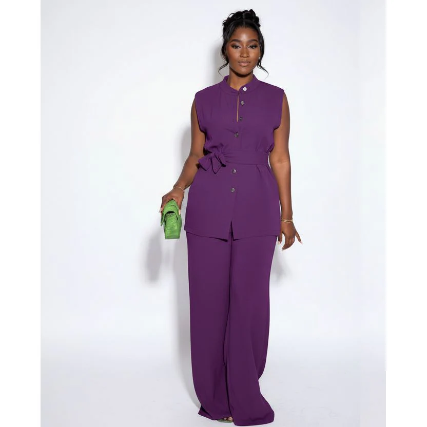 Two Piece Button Sleeveless Lace Up Top Wide Leg Summer Pants Set. - Image 4