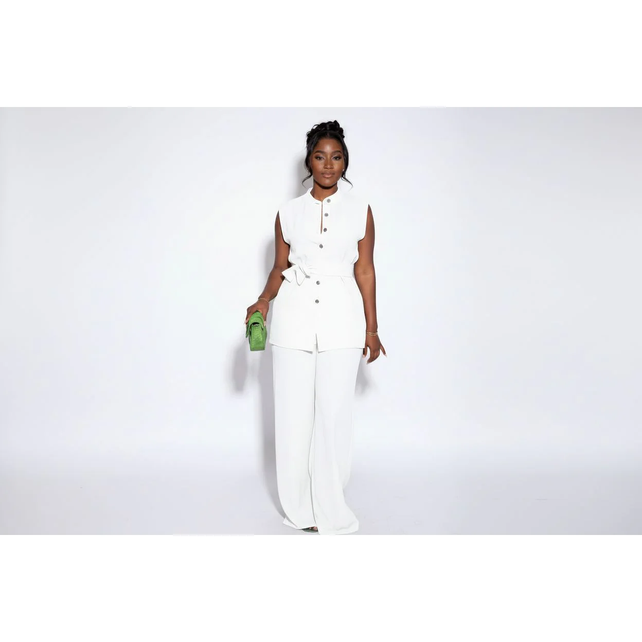 Two Piece Button Sleeveless Lace Up Top Wide Leg Summer Pants Set. - Image 5