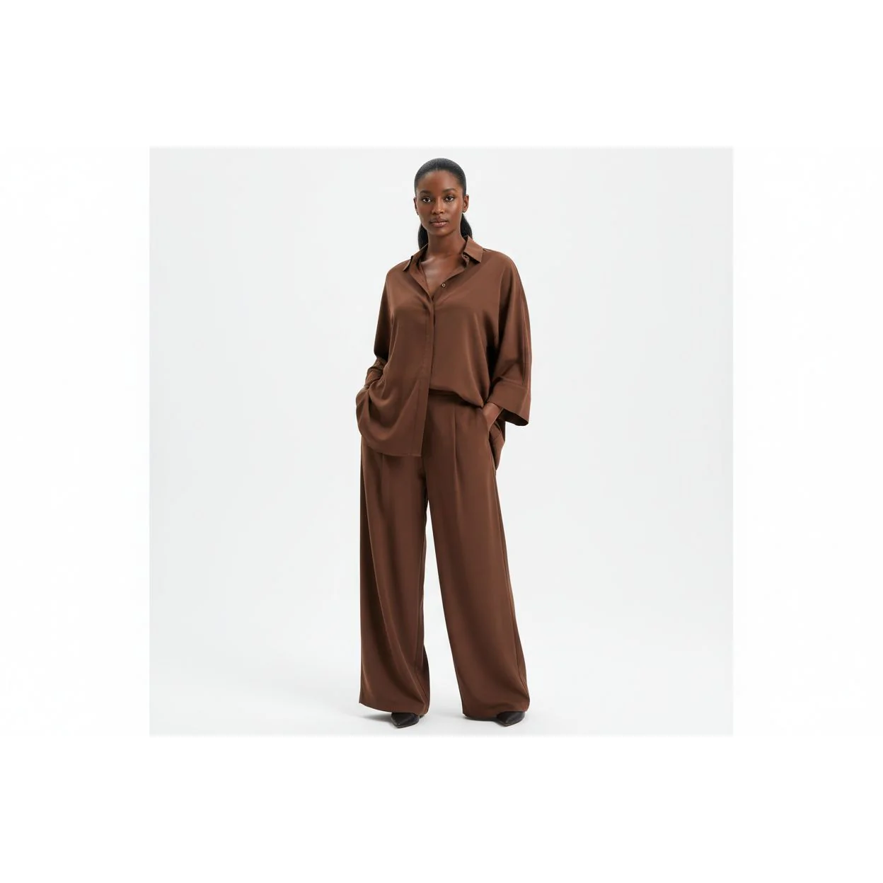 Two-Piece Set Button- Collar Shirt & Loose Wide-Leg Trousers - Image 3