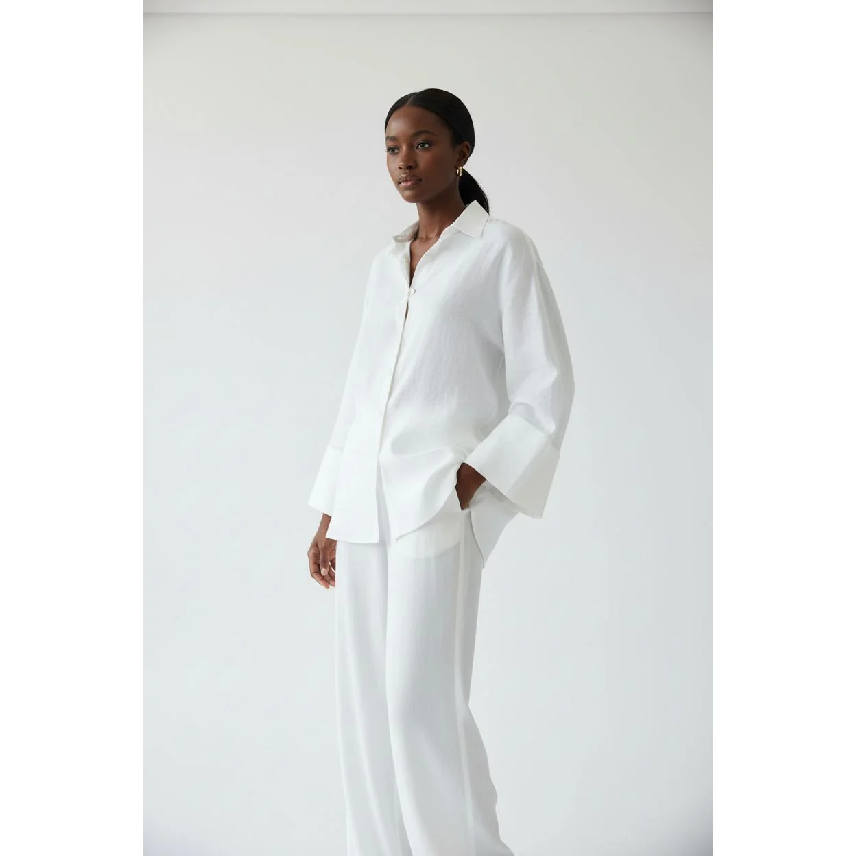 Two-Piece Set Button- Collar Shirt & Loose Wide-Leg Trousers - Image 4