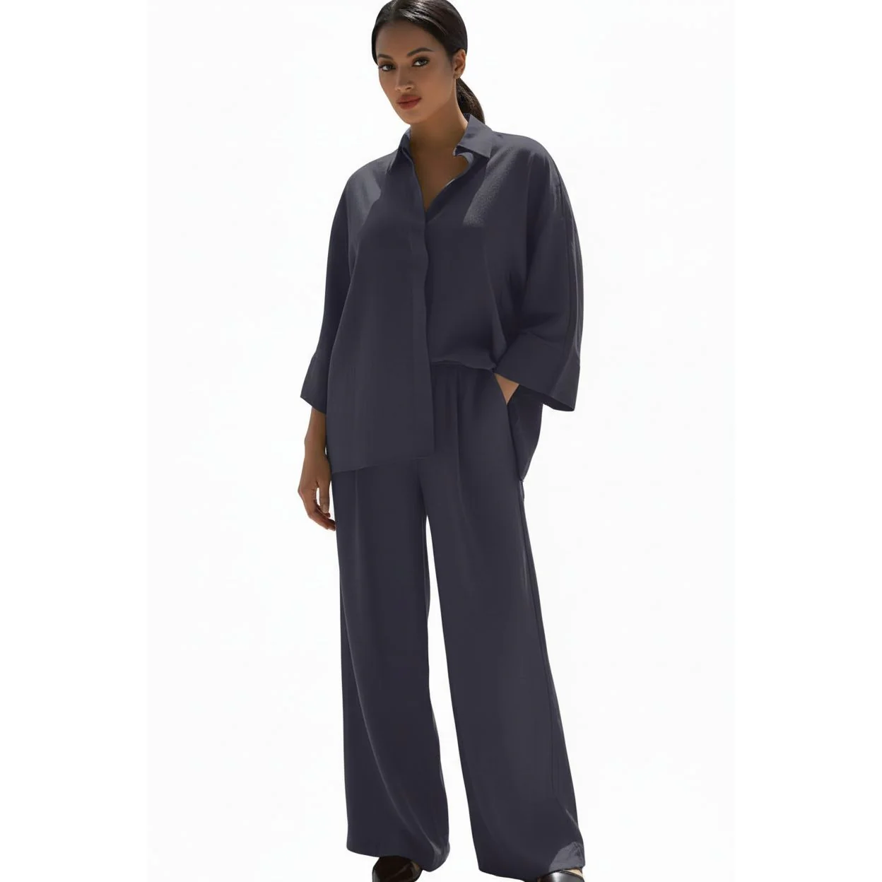 Two-Piece Set Button- Collar Shirt & Loose Wide-Leg Trousers - Image 5