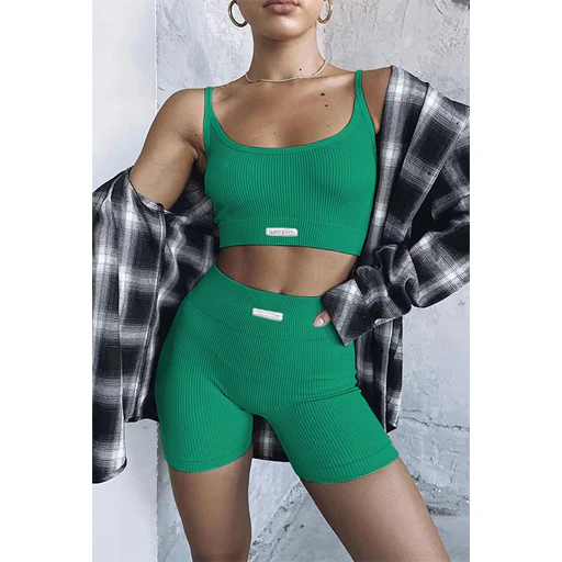 Solid Color Tight & Sleeveless Crop Top Set - Image 3