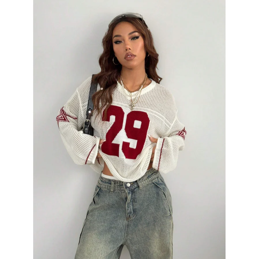 Unisex Style Knit Striped & Number Printed Cover Up Sweater
