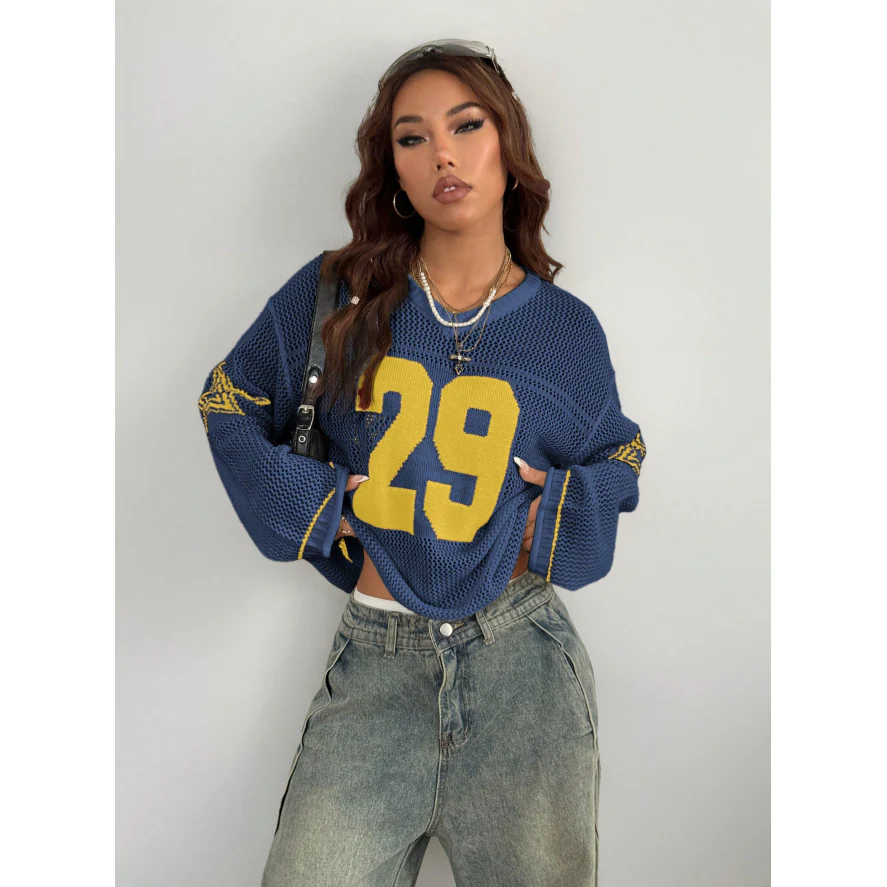 Unisex Style Knit Striped & Number Printed Cover Up Sweater - Image 2
