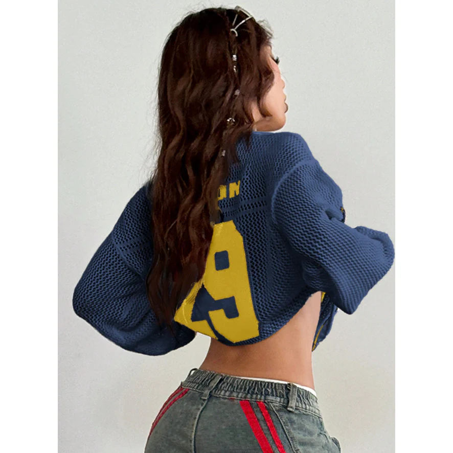 Unisex Style Knit Striped & Number Printed Cover Up Sweater - Image 3