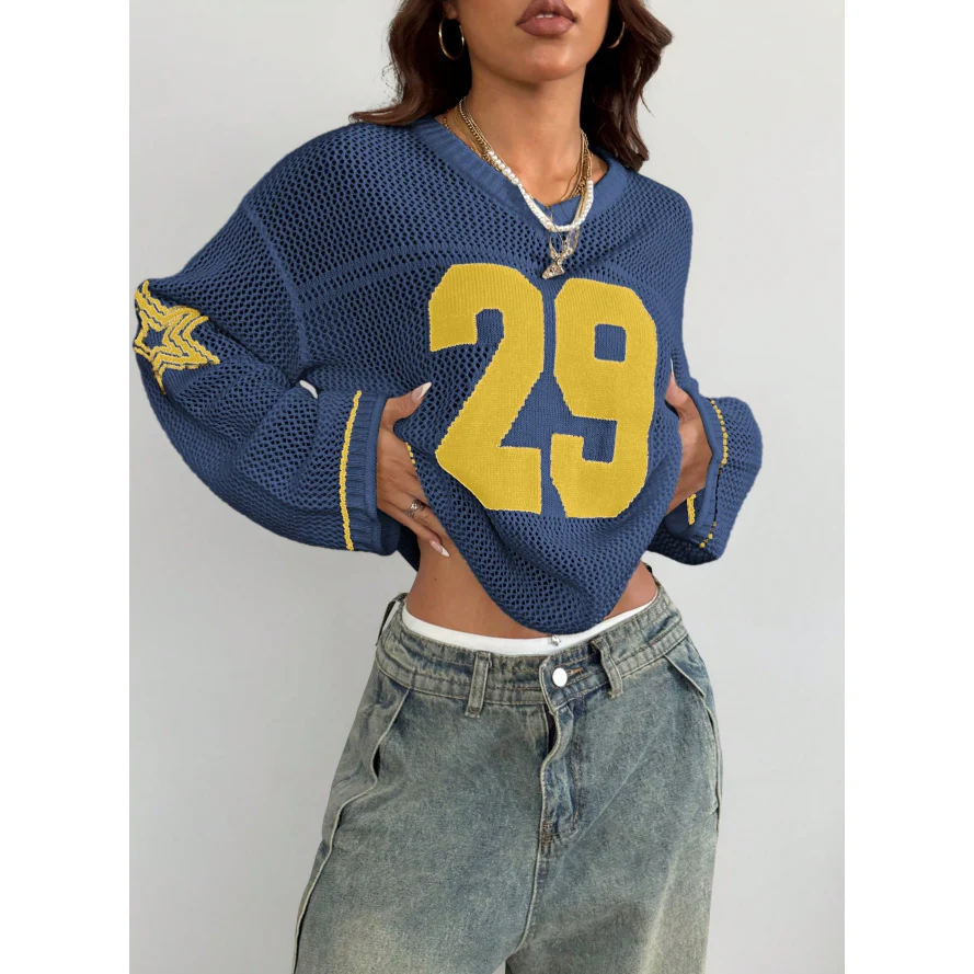 Unisex Style Knit Striped & Number Printed Cover Up Sweater - Image 4