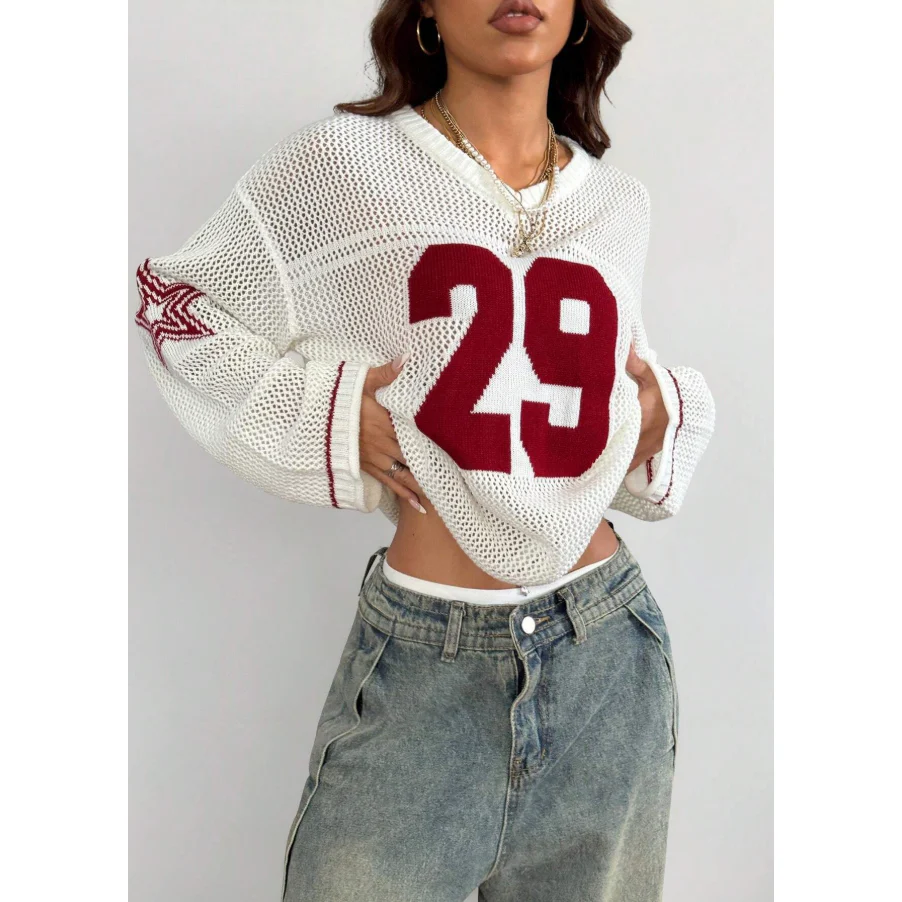 Unisex Style Knit Striped & Number Printed Cover Up Sweater - Image 6