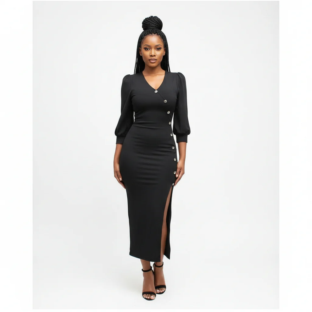 V-Neck Button Detailed Dress