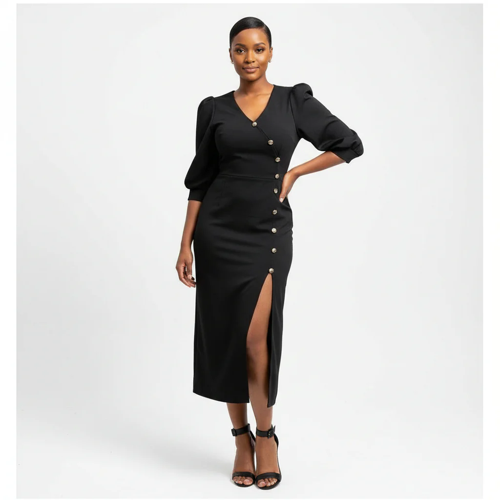 V-Neck Button Detailed Dress - Image 2