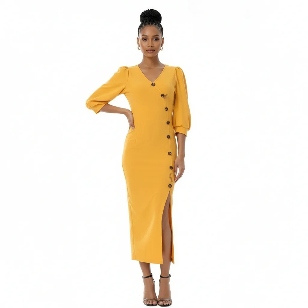 V-Neck Button Detailed Dress - Image 3