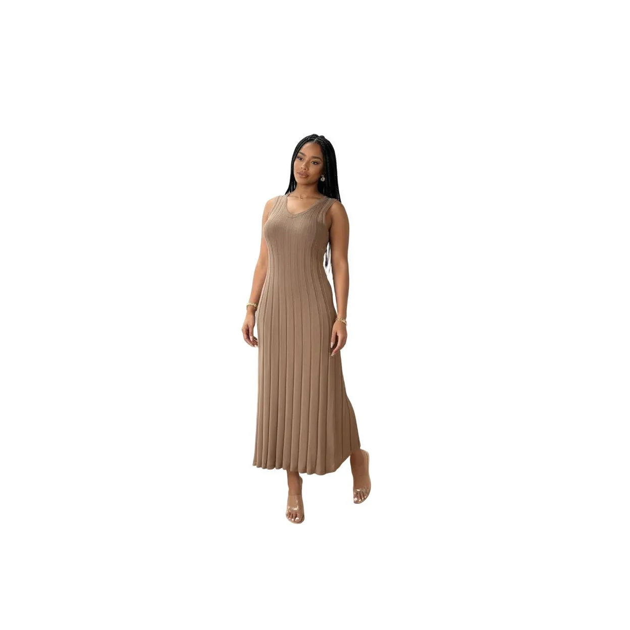 V-Neck  Contrasting Pleated Knitted Maxi Dress. - Image 3