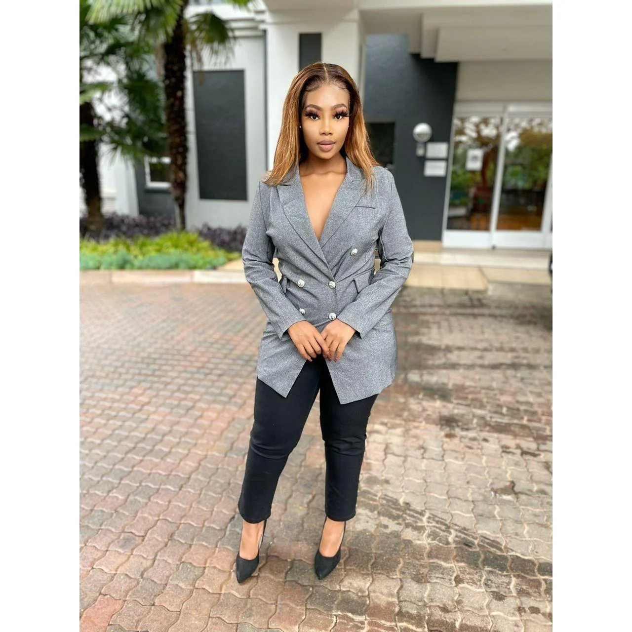 V-Neck Double Double Breasted Blazer Dress - Image 4