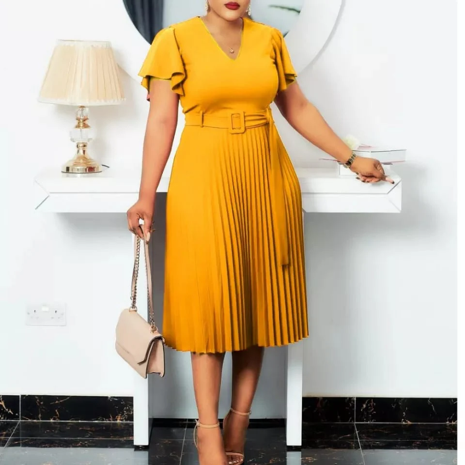 V Neck Flares Sleeve Belted Pleated Dress - Image 4