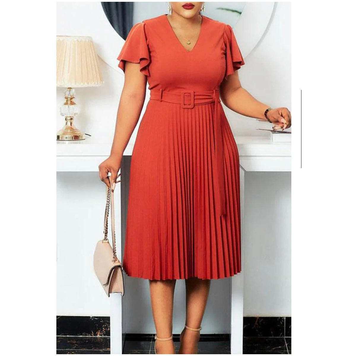 V Neck Flares Sleeve Belted Pleated Dress - Image 5