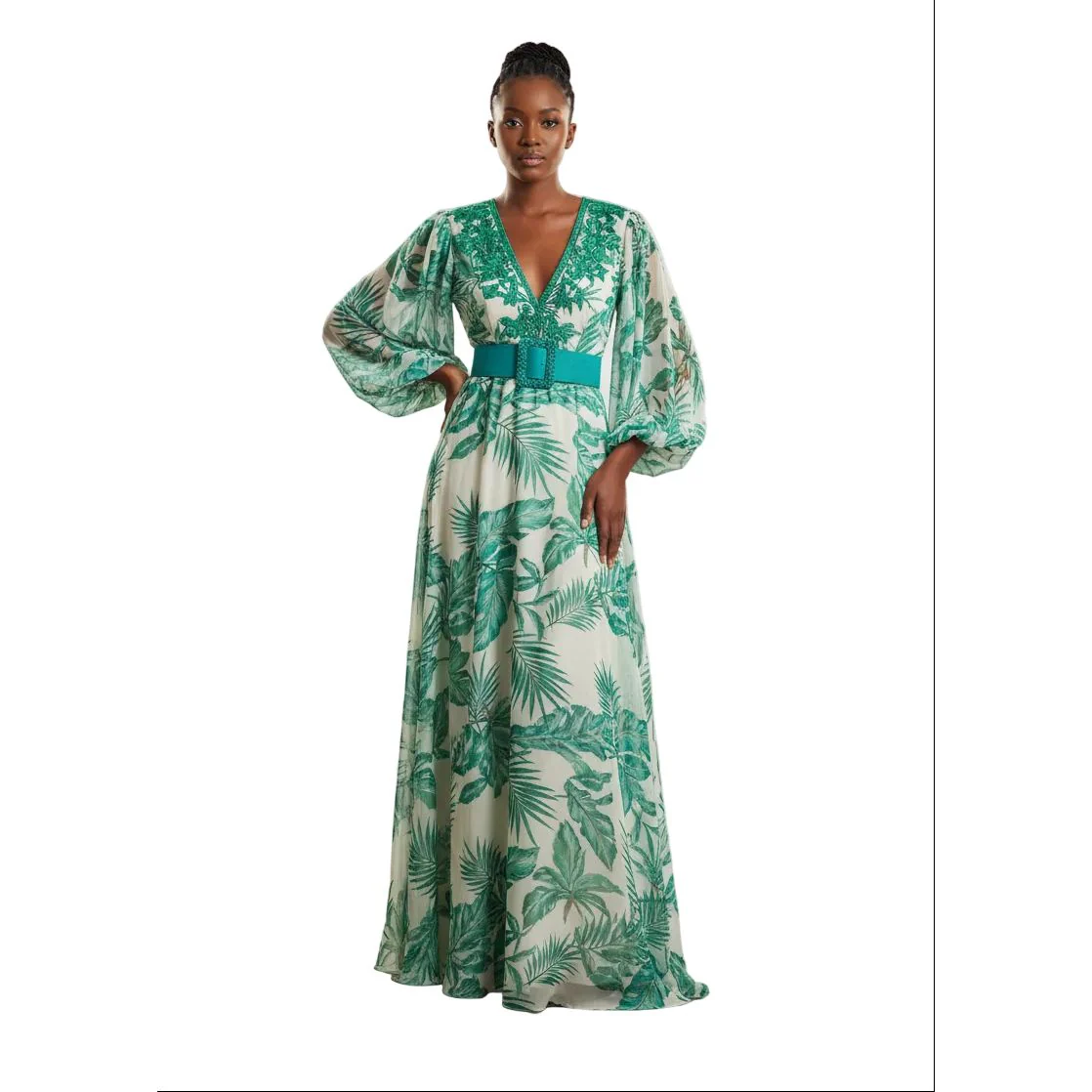 V-Neck Floral Long Sleeve Maxi Dress