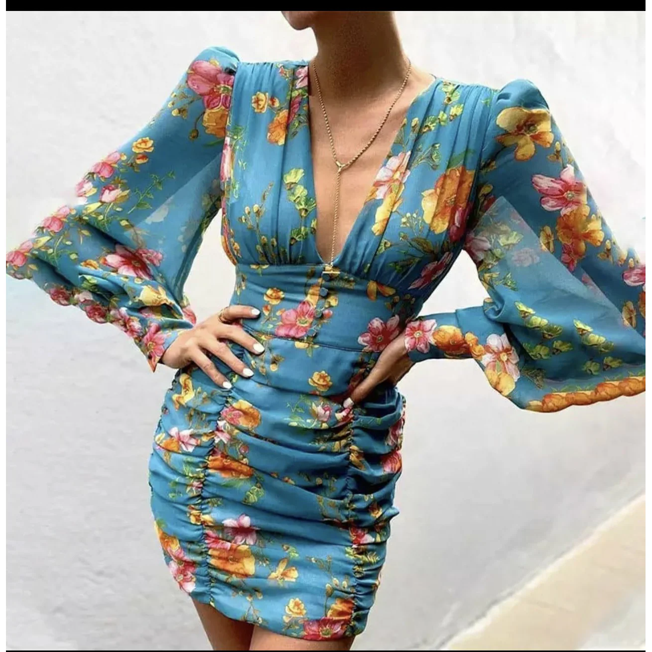 V Neck Floral Print Long Lantern Sleeve Ruched Dres - Image 3