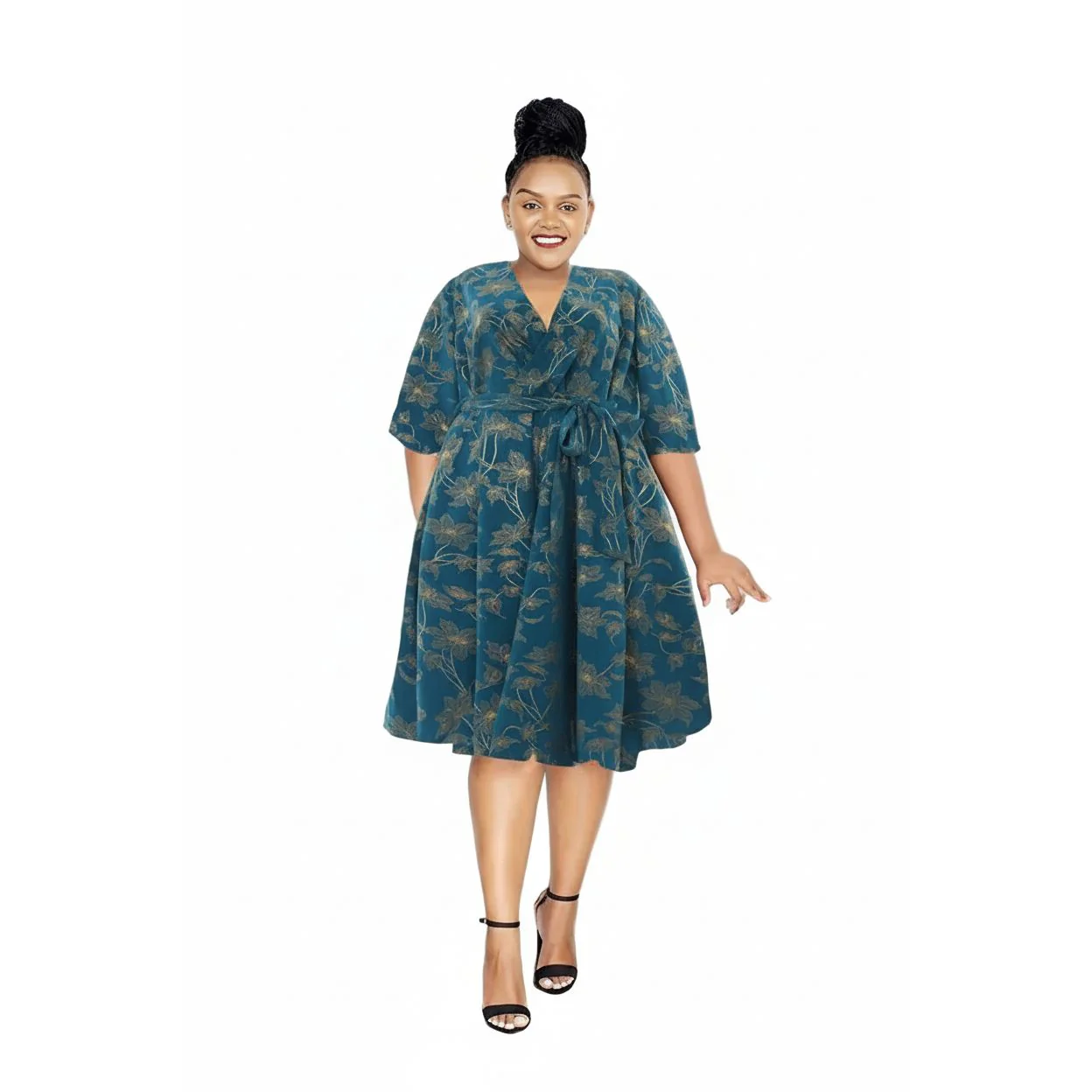 Floral V-neck three Quarter sleeve Dress - Image 4