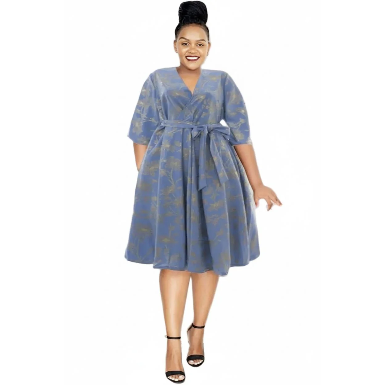 Floral V-neck three Quarter sleeve Dress - Image 5