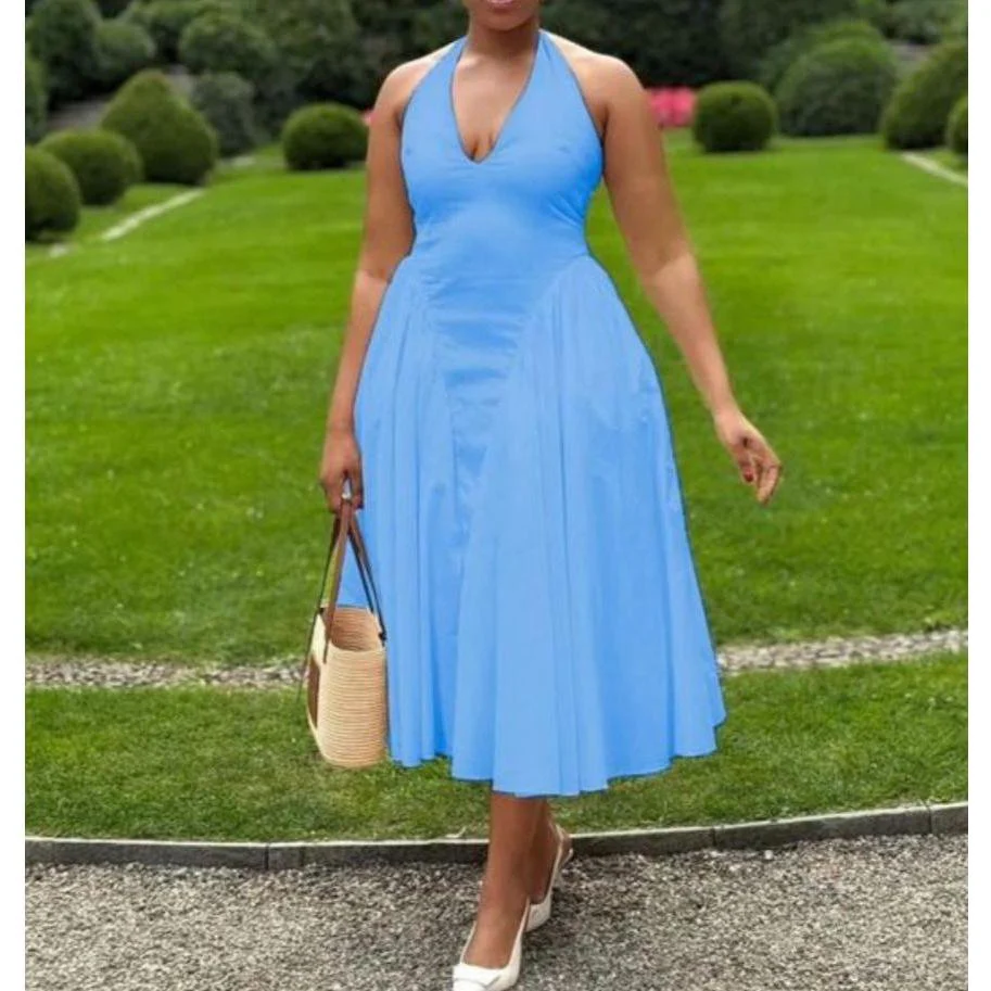 V-Neck Halter Backless Pleated A-Line Maxi Dress. - Image 2