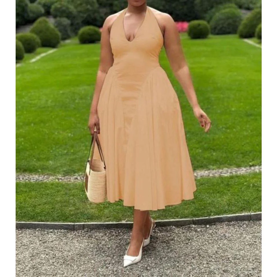 V-Neck Halter Backless Pleated A-Line Maxi Dress. - Image 5