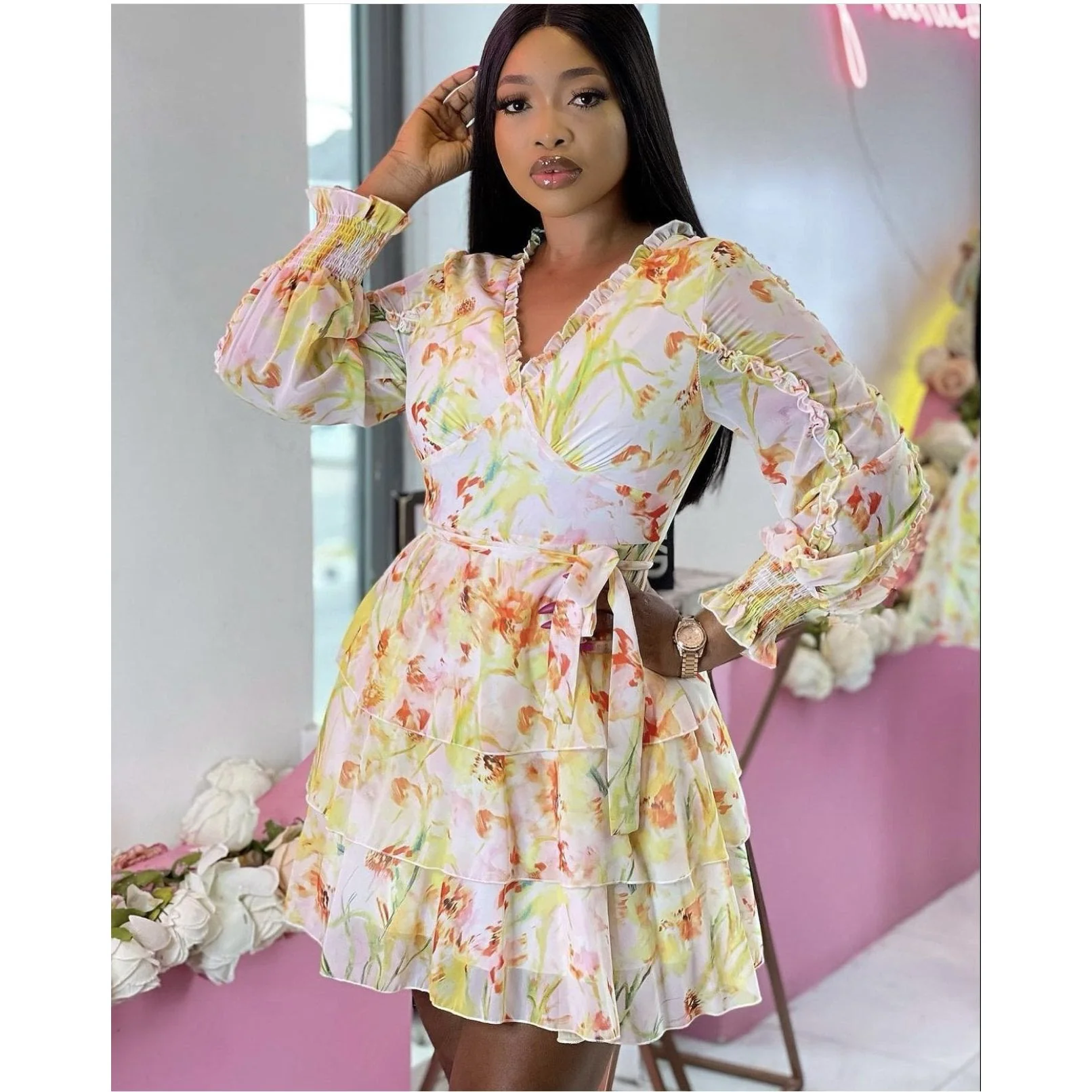 V-Neck Layered Floral Mini Dress - Image 11