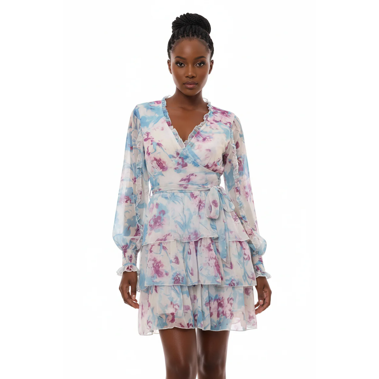 V-Neck Layered Floral Mini Dress - Image 3