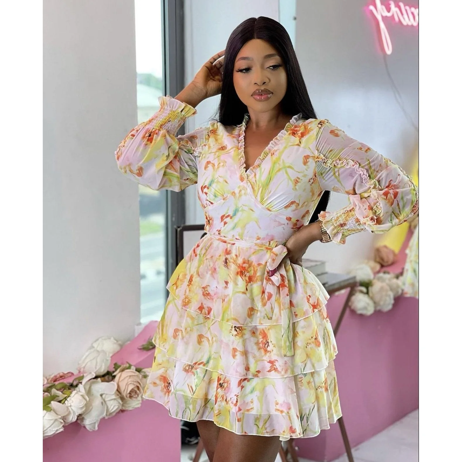 V-Neck Layered Floral Mini Dress - Image 4