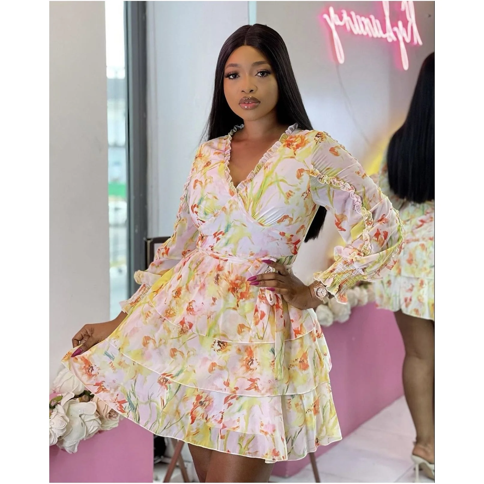 V-Neck Layered Floral Mini Dress - Image 6
