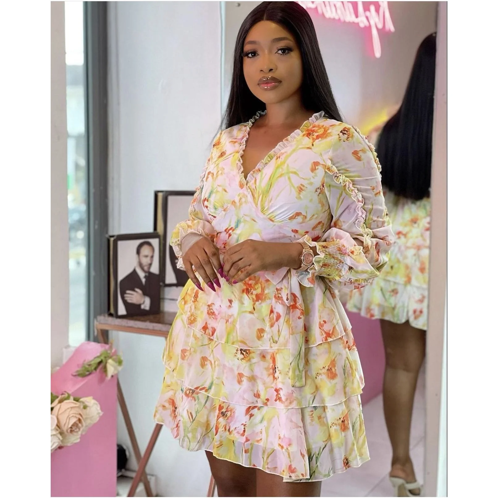 V-Neck Layered Floral Mini Dress - Image 8