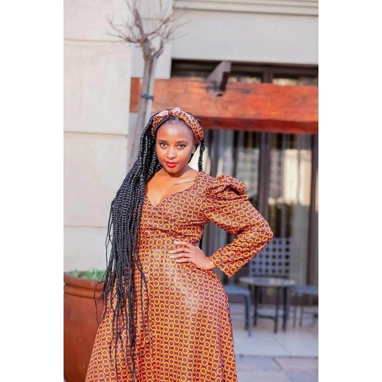 V-Neck Long Sleeve Ankara Dress - Image 6