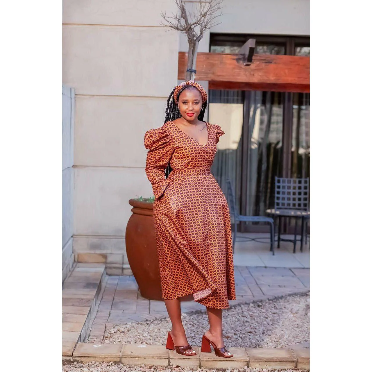 V-Neck Long Sleeve Ankara Dress - Image 8