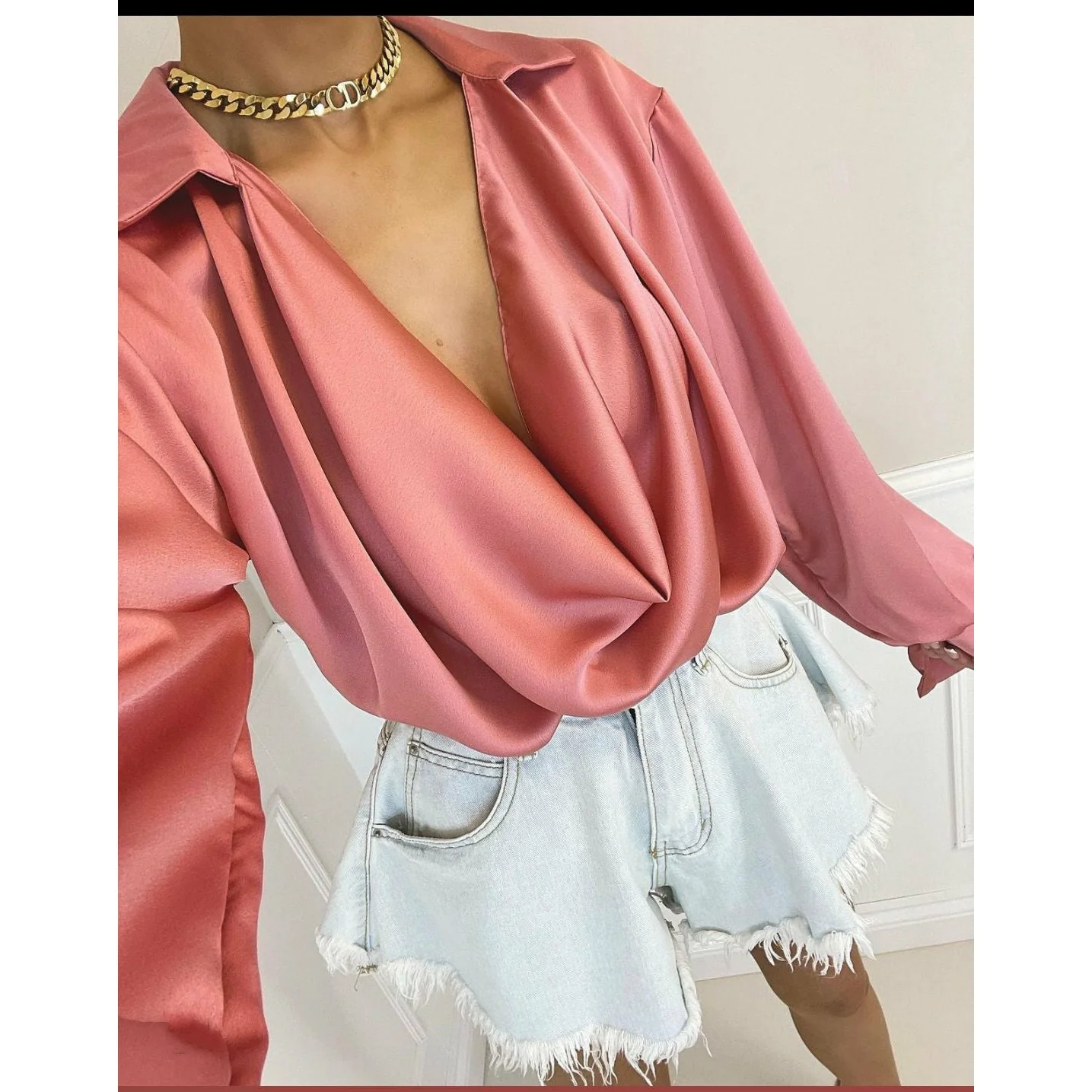 V-Neck Long Sleeve Blouse - Image 3