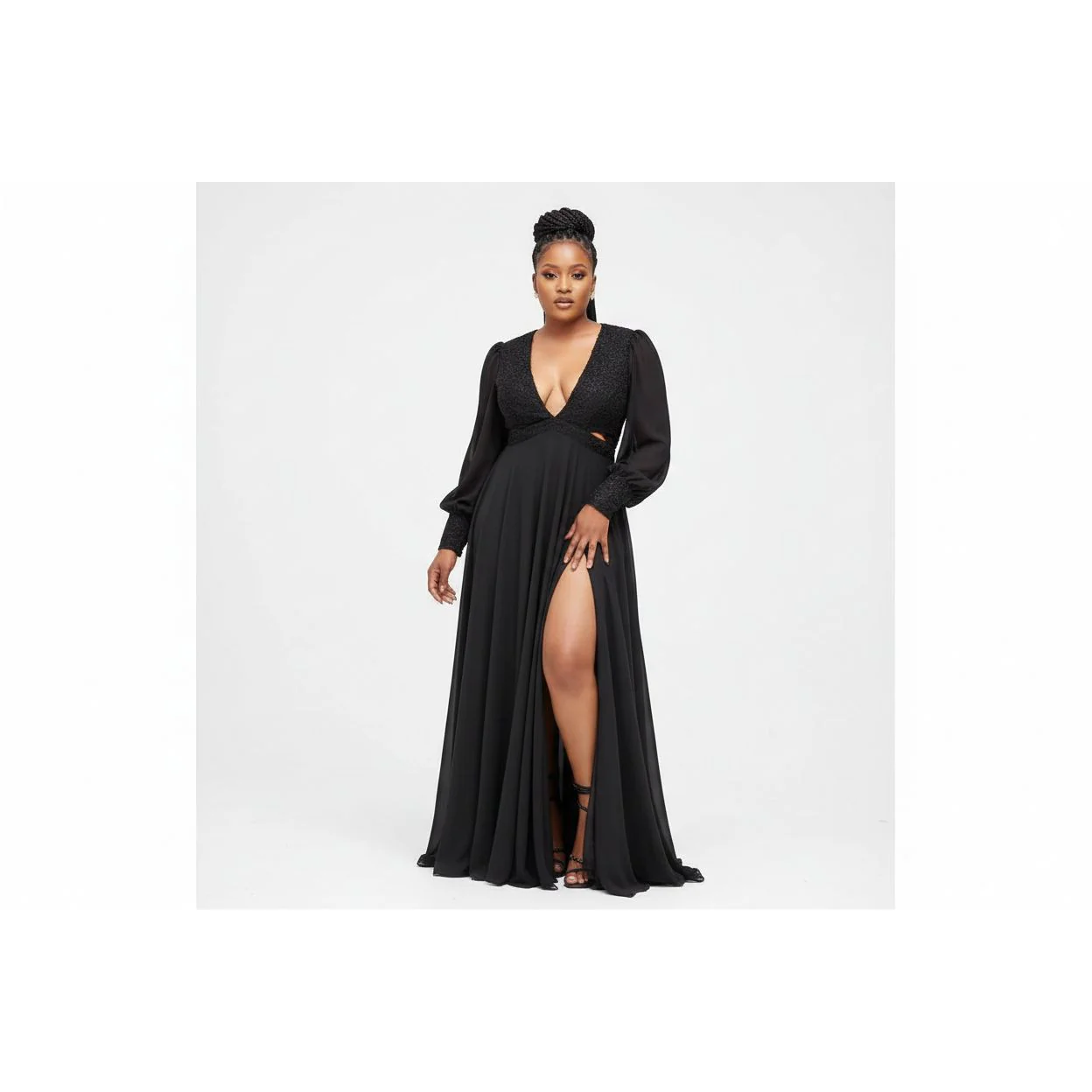 V-Neck Long Sleeve Bridesmaid Formal Gowns Split Thigh Dress.