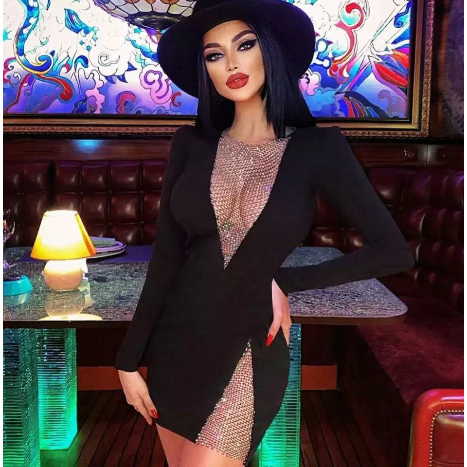 V-Neck Long Sleeve Hollow Out Sexy Mini Dress - Image 4