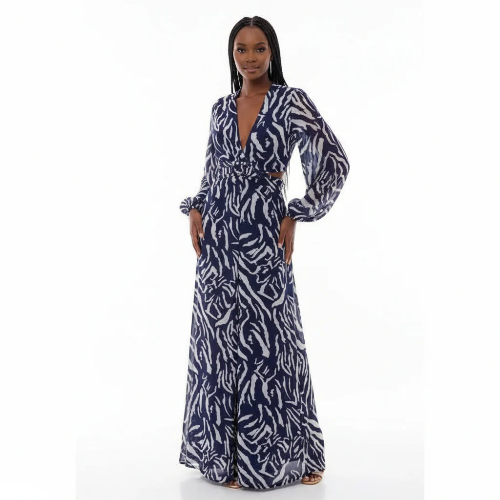 V-Neck Long Sleeve Tie Waist Floral Print Casual Dress. - Image 2