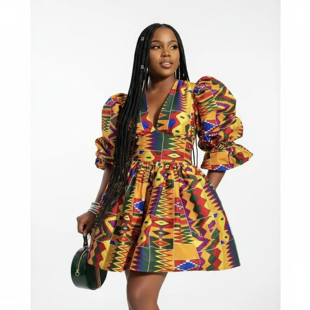 V-Neck Mini Ankara Dress - Image 2